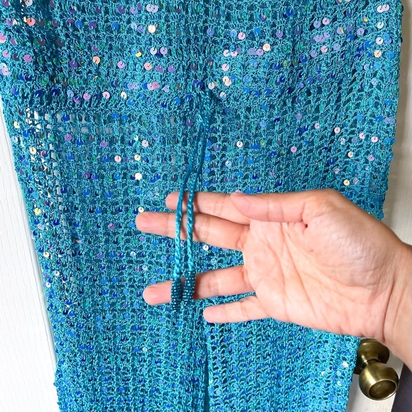 Retrofête Nirvana Aqua Blue Sequin Crochet Jumpsuit Sheer Wide-Leg M L NWT - Picture 4 of 8